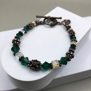 Sterling silver 925 beaded faux emerald sparkling green crystal bracelet boho